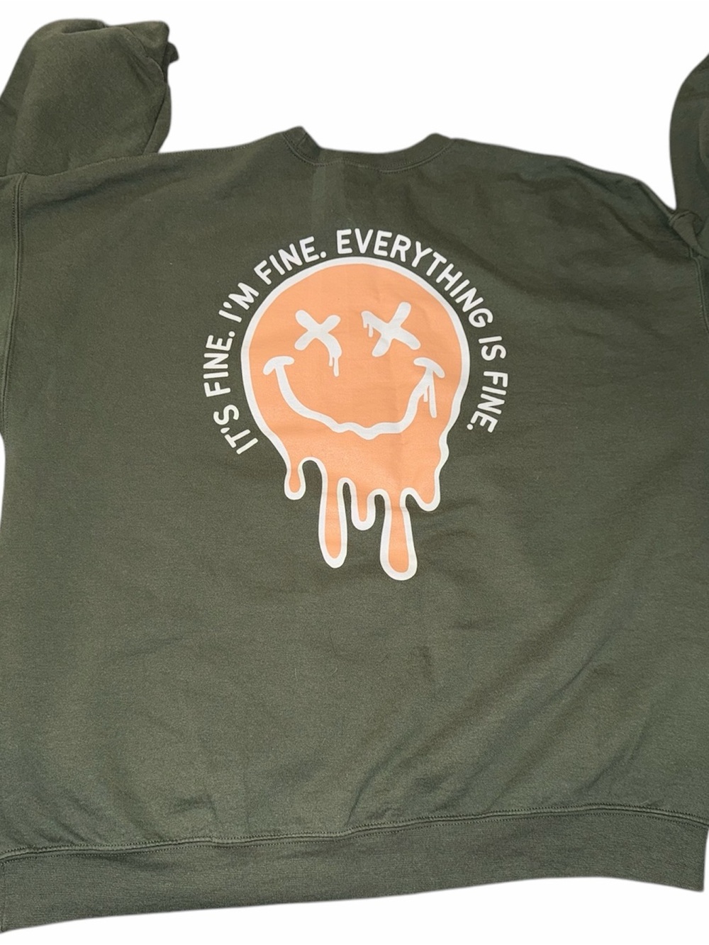 Sweetees Olive Green Crewneck Sweatshirt with Peach Drip Smiley Graphic